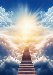 Stairway to heaven, stone staircase leading to orange yellow glow in distance, clouds around. Generative AI
