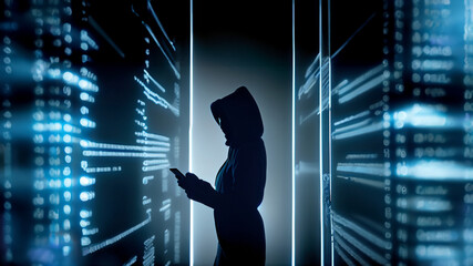 Hacker in the hood silhouette in the dark 