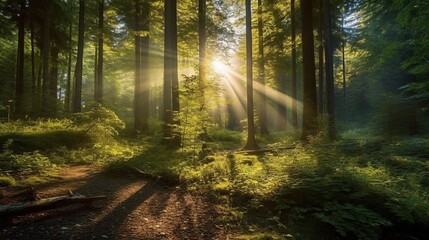 A beautiful background with florest in sunrise. Generative AI.