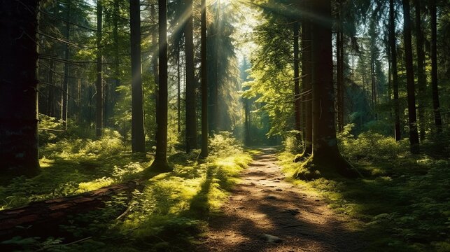 A beautiful background with florest in sunrise. Generative AI.