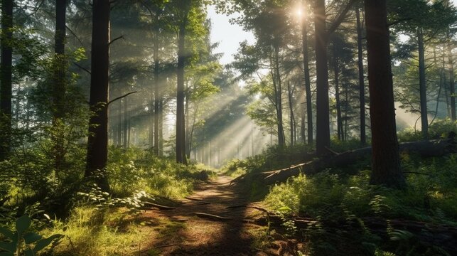 A beautiful background with florest in sunrise. Generative AI.