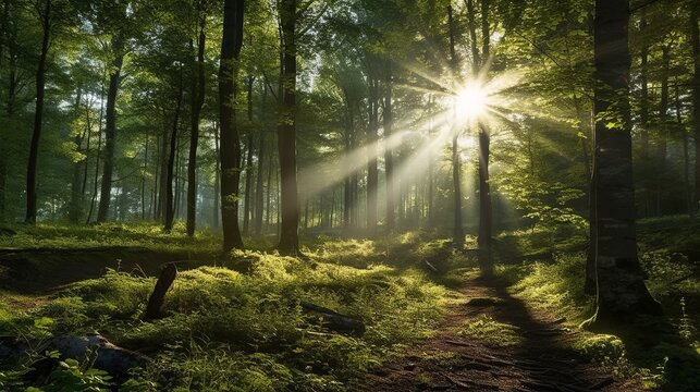 A beautiful background with florest in sunrise. Generative AI.