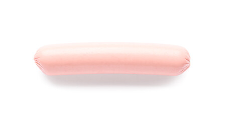 Tasty thin sausage on white background