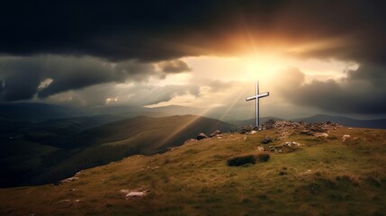 Naklejka na ściany i meble A realistic photography with christian catholic cross on the hills. Create with generative ai. 