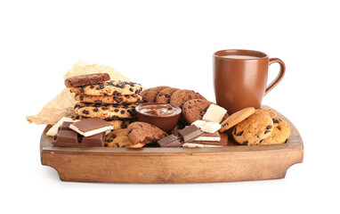 Wooden tray with cookies, chocolate and cup of milk on white background