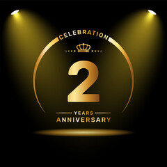 2nd year anniversary celebration logo design with gold color number and ring, logo vector template