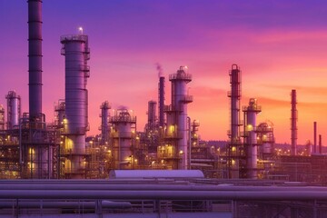 Obraz na płótnie Canvas Modern petrochemical factory against yellow purple sky. Generative AI
