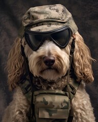 Labradoodle dog dressed as a military soldier, generative ai