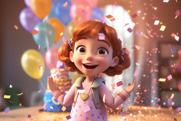 3D cartoonish closeups of a happy little girl holding her birthday cake to enjoy her party, Created with AI