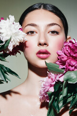 woman make-up blush portrait model flower girl beauty face lip pink