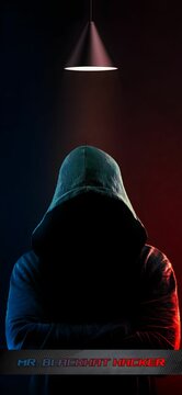 Vertical shot of a person with a hooded face with a 'mr. blackhat hacker' lettering