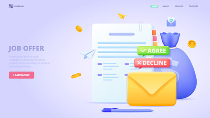 Successful recruitment, get job offer, contract, hiring process, human resource management. 3d design concept for landing page. Three dimensional vector illustration for website, banner.