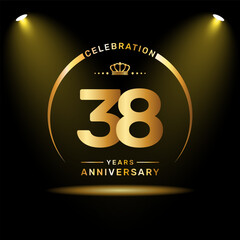 38th year anniversary celebration logo design with gold color number and ring, logo vector template
