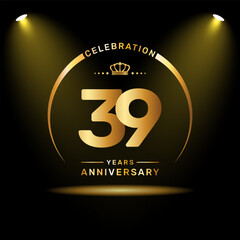 39th year anniversary celebration logo design with gold color number and ring, logo vector template