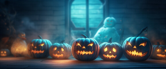 background mystery blue pumpkin halloween night creepy horror evil table fear. Generative AI.