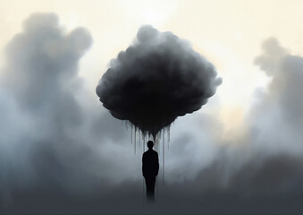 man woman poster conceptual concept black creative cloud idea dream dramatic abstract. Generative AI.