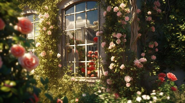 A beautiful enchanting view of a window with plants and flowers in a sunrise. Create with generative ai.