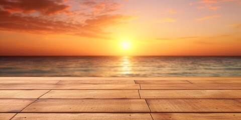 A empty wooden table podium product display showcase with beach background sunrise. Create with generative ai.