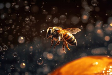 Naklejka premium Bee flying down onto water drops. Generative AI