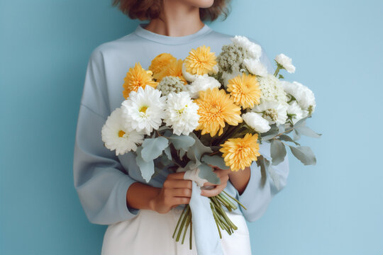woman sweater blue floral hand gift white flower yellow bouquet romantic. Generative AI.