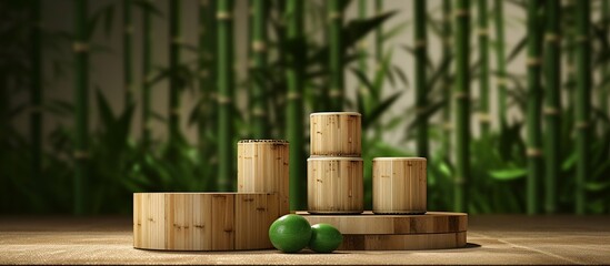 Naklejka premium A beautiful podium stage mockup with empty space to promote products with bamboo trees, wooden, eco friendly. Create with generative ai.