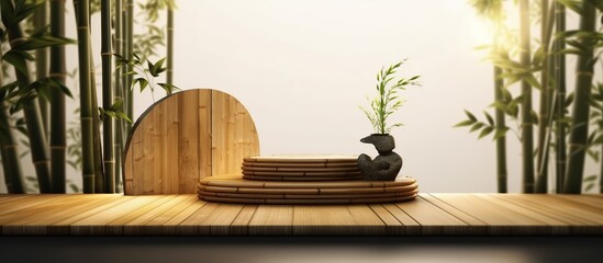 A beautiful podium stage mockup with empty space to promote products with bamboo trees, wooden, eco friendly. Create with generative ai.