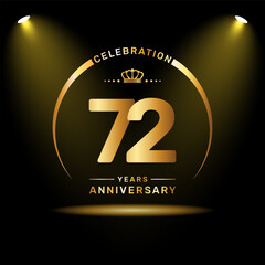 72th year anniversary celebration logo design with gold color number and ring, logo vector template