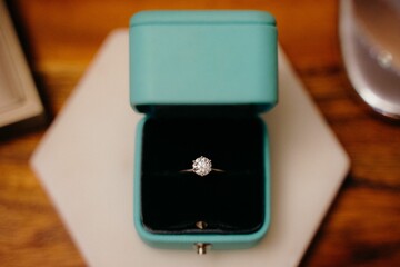 Closeup shot of a wedding ring in the blue box