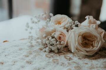 Closeup of beautiful roses and white gypsophila flowers