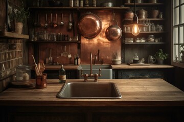 Obraz na płótnie Canvas Kitchen with copper sink and wooden table. Generative AI