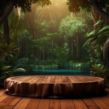 A beautiful mockup podium stage with empty space to promote beauty and ecco products. With nature background. Generative ai.