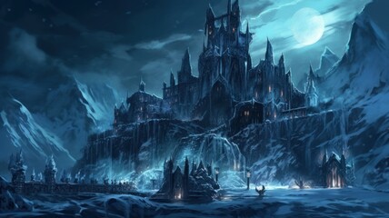 Fantasy Illustration of a Gigantic Ice Citadel in the Mountains. Generative AI.