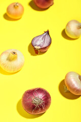 Different kinds of onion on yellow background, closeup