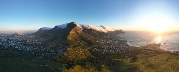 Panoramic shot of the Table Mountain in Cape Town, South Africa on a golden sunset