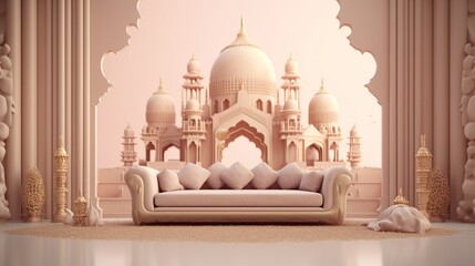 A beautiful islamic castle background with empty space to promote products and services. Generative Ai.