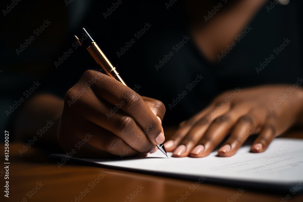 Wall mural a black woman signing a legal or professional document or contract. generative ai.