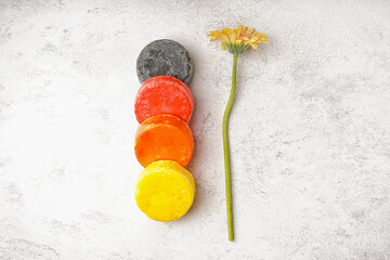 Different handmade solid shampoo and calendula flower on light background