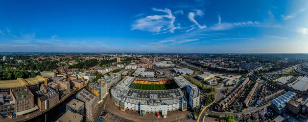 Aerial panoramic shot of the cityscape of Norwich and Carrow Road Stadium
