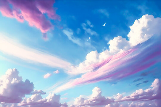 Beautiful pastel color dream-like sky and cloud illustration. Awesome dreamy cloudscape with vivid color. Heaven, zenith, creative, animation style, conceptual sky.  Made with Generative AI