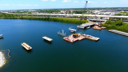 Fototapeta na wymiar Drone shot of a Bridge Replacement in Maydell Drive, Tampa, Florida, USA
