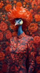 woman fashion jungle face fantasy young peacock glamour beautiful bird beauty. Generative AI.