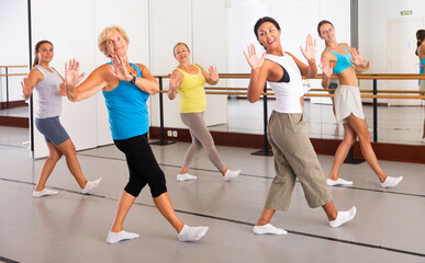 Fototapeta na wymiar Active women engaged in dancing at a group training session in the studio practice modern energetic dance