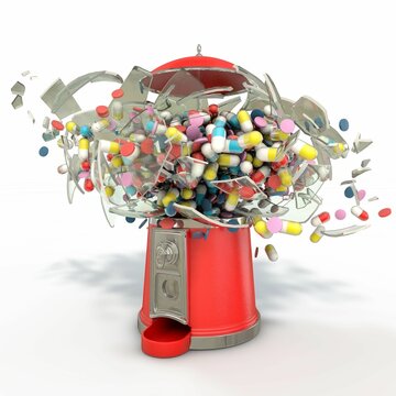 3D rendering illustration of a red gumball machine, full of pills, exploding
