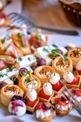 Vertical closeup shot of beautifully arranged appetizers for wedding