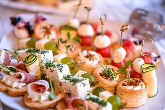 Closeup shot of beautifully arranged appetizers for wedding