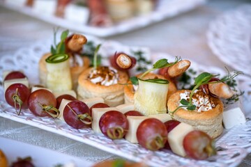 Closeup shot of beautifully arranged appetizers for wedding