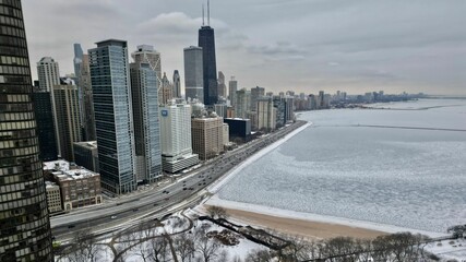 Beautiful view of the Chicago skyline and winter coast under the cloudy sky