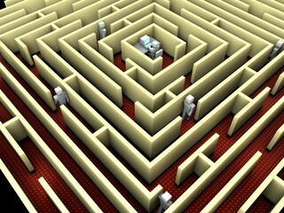 3D rendering illustration of a maze with figurines walking on paths, concept of finding solution