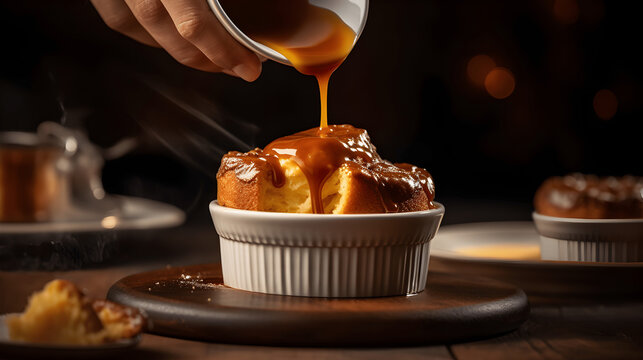 Pouring caramel sauce into a dessert souffle - Generative AI