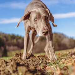 Closeup shot of a Weimaraner in the autumn